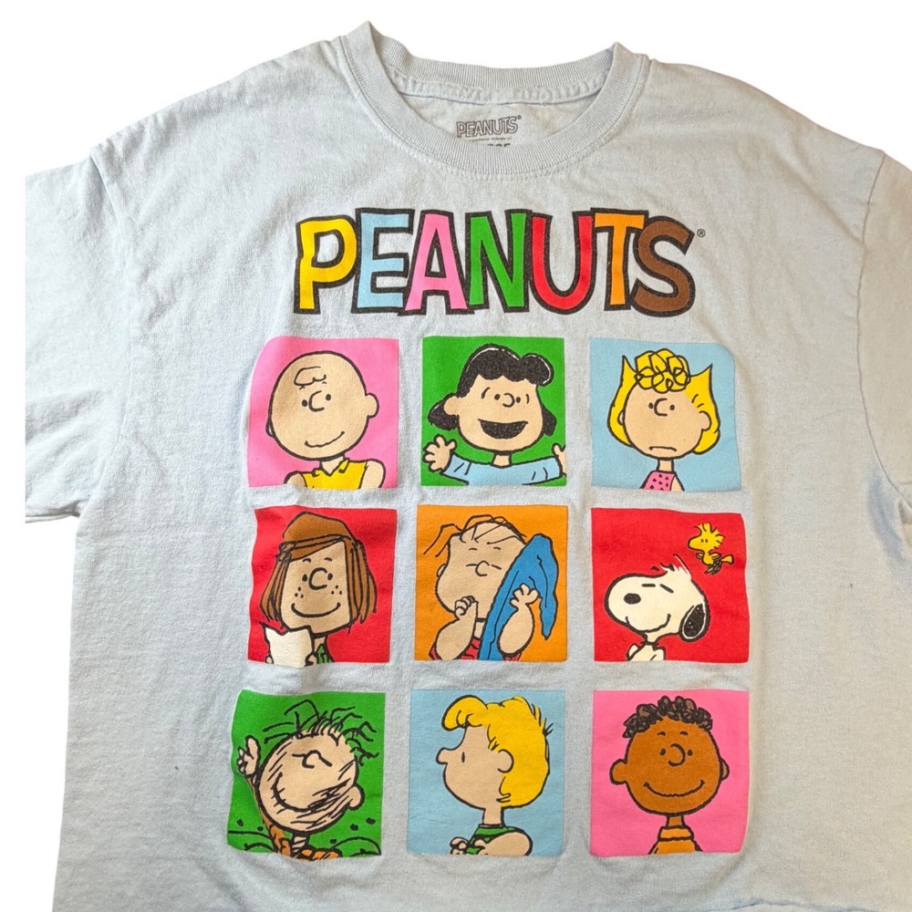Peanuts Womens Graphic T-Shirt Light Blue Cropped Raw Hem Charlie Brown L K2